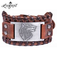 Wholesale Likgreat Braid Leather Bracelets for Men Vintage Antique Silver Color Metal Viking Punk Wolf Charms Bracelet Talisman Adjustable