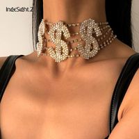 Wholesale Chains IngeSight Z Row Luxury Shiny Rhinestone Dollar US Sign Choker Necklace Women Bling Crystal Clavicle Collier Jewelry