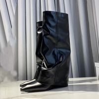 Wholesale Pointed Toe Wedge Heels Knee High Boots Women Shiny Leather Flanging Knight Boot Autumn Winter T Show Long Booties For Ladies high quality