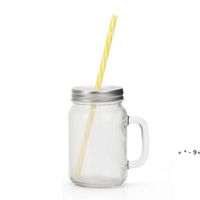 Wholesale Sublimation Mason Jar Clear Glass Water Bottle Thermal Transfer Coffee Mug with straw and Lid Frosted Handle Cup Heat seaway RRD13208