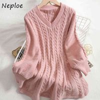 Wholesale Neploe Soft V neck Sweater Mini Dress for Women A line Fall Winter New Bottoming Knitted Robe Femme Linen Pattern Short Vestidos Y211227