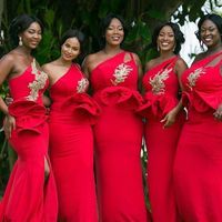 Wholesale 2021 Red Bridesmaid Dresses One Shoulder Keyhole Lace Applique Peplum Mermaid Front Slit Custom Made African Made of Honor Gown Vestidos