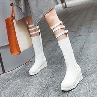 Wholesale Boots YMECHIC Sweet Pink White Black Wedges Platform Lolita Shoes Gladiator Buckle Strap Knee High Knight Riding Winter Botas