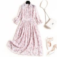 Wholesale 2020 Spring Summer Sleeve Round Neck Pink Floral Print Chiffon Ribbon Tie Bow Ruffle Detail Mid Calf Dress Casual Dresses OM122214017