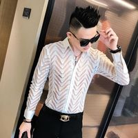Wholesale Men s Dress Shirts Sexy Lace Shirt Men See Through Tuxedo Long Sleeve Slim Fit Party Wear For Clothes Club Blouse