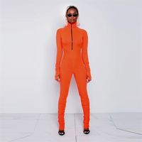 Wholesale XLLAIS Thick Cotton Ribbed Material Jumpsuits Women Tight Long Sleeve Neon Orange Jumpsuit Snug Club Wear Thumb Hole Body Romper Y200904