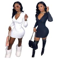 Wholesale Spring and Autumn New women s nightclub sexy V neck Article pit zipper tight dress Designer fashion Solid color Long sleeve Tight dress