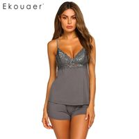 Wholesale Ekouaer Sexy Pajamas Set Women Summer Sleepwear V Neck Sleeveless Lace Patchwork Cami Top Shorts Pajama Sets Nightwear Y200425