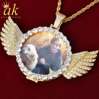 Wholesale Custom Photo Pendant Angle Wings Necklace Gold Color Copper Zircons Hip Hop Rock Street Jewelry for Women With Rope Chain