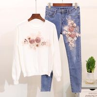 Wholesale Spring Autumn New Women Sequins Embroidery Long sleeve Sweater Slim Jeans Pants Two Piece Set Knit Tops Students Trousers Suits1
