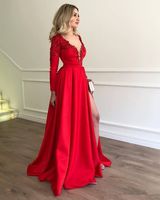 Wholesale Red Satin Mother of the Bride Dress Long Sleeve V Neck High Split Appliques A Line Evening Prom Wedding Party Gowns Plus Size