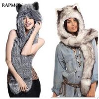 Wholesale Beanie Skull Caps Winter Hats For Women Faux Fur Hood Animal Hat Ear Flaps Hand Pockets in1 Wolf Plush Warm Cap With Glove