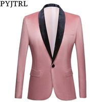 Wholesale PYJTRL Men Shawl Lapel Peach Pink Velvet Slim Fit Blazers Wedding Groom Prom Dress Tuxdudo Coat Hombre Plus Size Suit Jacket