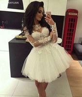 Wholesale White Homecoming Dresses Ball Gown Long Sleeves Tulle Appliques Lace Short Mini Elegant Cocktail Dresses