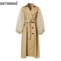 Wholesale Women s Trench Coats GETSRING Women Coat Khaki Cotton Windbreakers Lantern Sleeve Spliced Double Breasted Lace Up Slim Long Overcoat