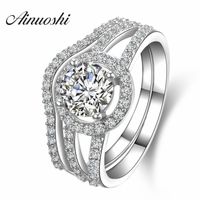 Wholesale AINUOSHI Luxury Carat Women Engagement Rings Set Solid Sterling Silver Halo Bague High Quality Bridal Ring Set for Party Y200106