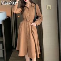 Wholesale Casual Dresses Brown Sashes Dress Elegant Office For Women Red Year Formal Spring Autumn Vintage Long Sleeve