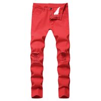 Wholesale GODLIKEU Mens Jeans Red Ripped Distressed Black Skinny Denim Hip Hop Button Stretch Pants