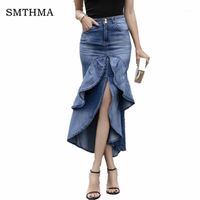 Wholesale Skirts Vintage Ruffle Summer Skirt Women Korean Fashion High Waist Gradient Asymmetry Jeans Ladies Denim Mermaid Skirts1