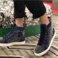 Wholesale Man Casual Shoes Red Bottom Spikes Stylist shoe Studded Navy Blue Suedes Leather high top rivets sneakers suede flats Men Women Fashion sports trainers