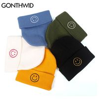 Wholesale GONTHWID Beanie Plain Knit Hats Hip Hop Harajuku Embroidery Smile Face Warm Cuff Cap Slouchy Skull Ski Beanies Casual Bonnets