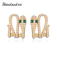 Wholesale Stud Shineland Fashion Animal Snake Earrings Simulated Pearl Green Crystal Brincos High Quality Copper Jewelry Charm Bijoux
