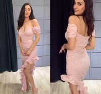 Wholesale 2021 Light Pink Prom Dresses Mermaid Off the Shoulder Lace Side Slit Ruffles Ribbon Short Sleeves Formal Evening Cocktail Party Gown Vestido
