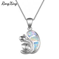 Wholesale Pendant Necklaces RongXing Cute Squirrel White Blue Fire Opal For Women Silver Color Birthstone NL0150