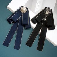 Wholesale Neck Ties Female Black Ribbon Bow Tie For Women Pearl Crystal Pendant Brooches Pin Shirt Professional Suit Bowtie Clothing Decoration