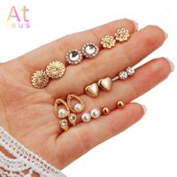 Wholesale Stud Fashion Small Earrings Set For Women Girl Simulated Pearl Flower Heart Crystal Personality Party Jewelry1
