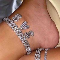 Wholesale Anklets mm Statement Cuban Link Diy Name Bracelets for Women Crystal Zircon Initial Letter Charm Jewelry