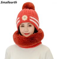 Wholesale Hats Scarves Gloves Sets Winter Knitted Smile Hats Scarf Women Thick Warm Plush Hat Collar Female Outdoor Riding Plus Velvet Beanies