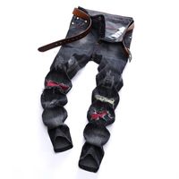 Wholesale Mens Jeans Patchwork Hole Ripped Denim Distressed Black Straight Fashion Bleached Male Retro Pleated Casual Style