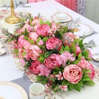 Wholesale Decorative Flowers Wreaths Custom Luxury DIY Wedding Decor Table Flower Runner Artificial Row Arrangement Centerpieces Rose Peonies Green