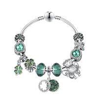 Wholesale Charm Bracelets Silver Plated Bracelet Bangle Green Clover CZ Glass Charms Beads Fit Original Basic Snake Chain DIY Jewelry
