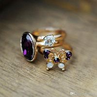 Wholesale Wedding Rings New Fashion Mysterious Purple Butterfly Flash Jewel Gem Three piece Gemstone Rings