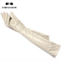 Wholesale Five Fingers Gloves Fashion Beige Long Leather Gloves high grade Women winter Genuine Sheepskin Women s CSD2 CM