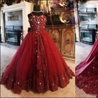 Wholesale Spaghetti Rhinestone Dark Red Flower Girls Dresses Lace Appliques Crystal Sequined Bow Tie Kids Pageant Dress