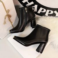 Wholesale Boots Women Western Block High Heels Pumps Sexy Nightclub Knight Winter Square Toe Rivets Ankle Black Low Shoes1