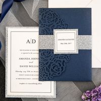 Wholesale pieces Laser Rose Navy Blue Wedding Invitations Tri Fold Customized Silver Glittery Birthday Greeting RSVP Cards IC132