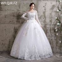 Wholesale XXN Bride Wedding dress Lace Full sleeve Bandage Embroidered Lace on Net Ball Gown lace up O Neck cheap girl China H0105