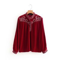 Wholesale women vintage stand collar embroidery velvet casual smock blouse shirt women pleats chic blusas kimono femininas tops LS2658