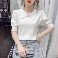 Wholesale Pearl Beading Sweater Women Chic Ruff Sleeve Turn down Collar Pullover Knitted Tops Solid Slim Knitwear Jumper White Black H1023