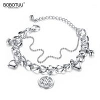 Wholesale Charm Bracelets BOBOTUU Trendy Double Layer Stainless Steel Love Heart Tree For Women Girl Bohemia Chain Link Jewelry BB170881
