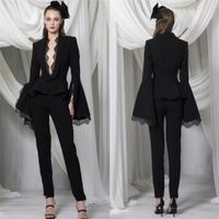 Wholesale Sexy Black Pant Suit for Women Deep V Neck Prom Dresses Long Sleeves Slim Fit Customise Special Occasion Dress