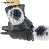 Wholesale Five Fingers Gloves Women Genuine Leather Winter Faux Fur Full Finger Mittens Black Warm Sheepskin Glove Fashion Female Windproof Luvas