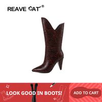 Wholesale Boots REAVE CAT Women s Winter Shoes Mid Calf Work Snakeprint Slip On Booties Strange Heels High Western Bootie Lady Party