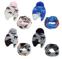 Wholesale Children Knitted Caps Beanie Sets Dinosaur Knitted Baby Hat Scarf Set Cartoon Women Man Earmuff Caps Toddler Kids Hat with Pompom LSK1457