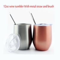 Wholesale 12oz Stemless Coffee Mug Stainless Steel Tumbler Double Wall Vacuum Beer Juice Eggshell Cup with Metal Straw and Clean Brush WWQ