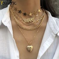 Wholesale Youvanic Vintage Layered Gold Chain Locket Heart Pendant Necklace Love Letter Star Choker For Women Fashion Jewelry Collar